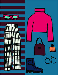 Vector illustration of fashion fall apparel. Travel set luggage for a stylish girl. Holiday fashion set
