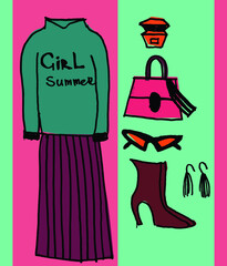 Vector illustration of fashion fall apparel. Travel set luggage for a stylish girl. Holiday fashion set