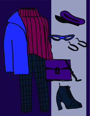 Vector illustration of autumn fashion apparel set. Travel luggage. Woman clothes