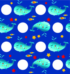 Vector pattern with whale and polka dot. Pattern for kids. Seamless sea summer pattern. Illustration for children