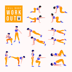 Full Body Workout Set. Women doing fitness and yoga exercises. Lunges, Pushups, Squats, Dumbbell rows, Burpees, Side planks, Situps, Glute bridge, Leg Raise, Russian Twist, Side Crunch .etc