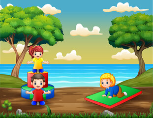 Obraz na płótnie Canvas Cartoon children having fun at playground