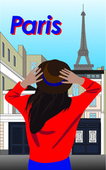 Vector fashion illustration of girl in hat in Paris. City view on eiffel tower. Flat graphic.