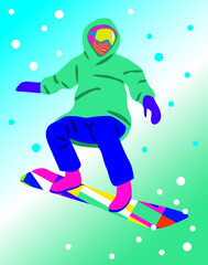 Vector illustration of happy pretty girl in winter outfit on a snowboard. Winter active sport.  Flat graphic