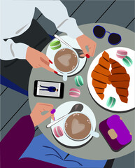 Vector fashion illustration of girls in cafe in Paris. Best friends. Chatting. Top view. Coffee and croissants