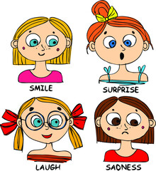 Vector illustration of girls with different emotions. Illustration for children