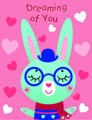Vector Illustration of a rabbit. Illustration for kids. Boy bunny in hat, scarf and glasses with heart. Romantic card
