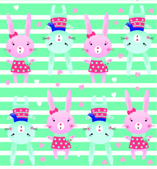 Obraz premium Vector print with rabbits. Bunny boy and bunny girl in funny dress on heart and stripes background. Seamless pattern for kids 