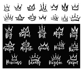 Crown logo graffiti icon. Queen, king, royal, princess, prince, super, grand, best, kingdom, magestic, mega text. Elements isolated on white and gold background. Vector illustration. - obrazy, fototapety, plakaty