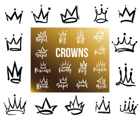 Crown logo graffiti icon. Queen, king, royal, princess, prince, super, grand, best, kingdom, magestic, mega text. Elements isolated on white and gold background. Vector illustration. © Sopelkin