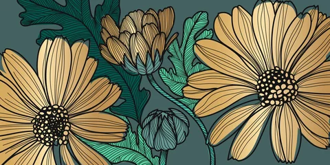 Meubelstickers Barberton daisy, Gerbera, Luxury gold floral  pattern for printing, flora postcards, pcBeautiful blooming poppy flowers and leaf with golden contour lines background vector. © TWINS DESIGN STUDIO