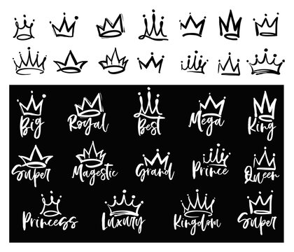 Crown logo graffiti icon. Queen, king, royal, princess, prince, super, grand, best, kingdom, magestic, mega text. Elements isolated on white and gold background. Vector illustration.