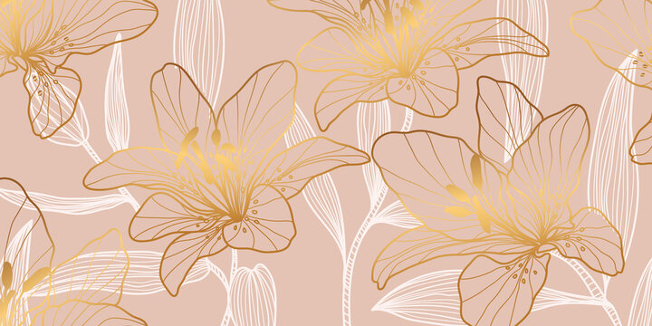 Rose Gold Lily pattern. Floral wedding background design for warpping paper, wallpaper, brochure and prints. Vector illustration.