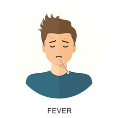 Sick man with thermometer in mouth, fever concept. Vector illustration in flat style.