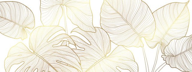 Luxury gold and nature green background vector. Floral pattern, Golden split-leaf Philodendron plant with monstera plant line arts, Vector illustration. © TWINS DESIGN STUDIO