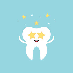 Cute impressed, celebrating vector cartoon tooth character with stars in the eyes and confetti.