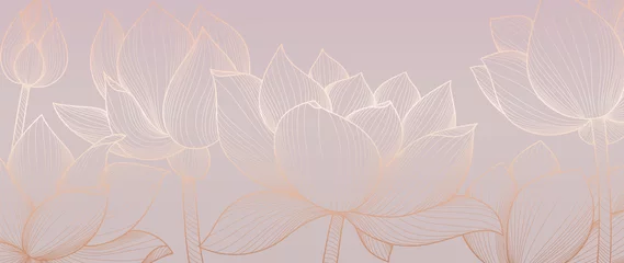 Foto op Canvas Gouden lotus achtergrond patroon vector. Ontwerp met tropische bloemen als achtergrond voor cosmetica, gezondheidszorg, afdrukken, ansichtkaarten, verpakkingen, omslagen, vectorillustratie. © TWINS DESIGN STUDIO