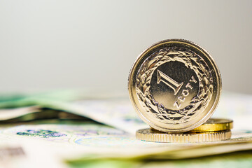 Close up polish zloty banknotes and coins