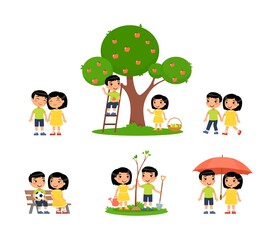 Little asian boy and girl is spending time in the countryside. The concept of summer fun and friendship. Village holiday, harvesting. Cartoon characters, set of flat vector illustrations