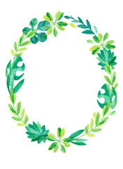 Empty tropical leaves frame with hand drawn illustration.  Jungle watercolor drawing. Cartoon green cliparts on white background. Blank frame with green compositionisolated on white background