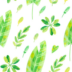 Summer season mood  seamless pattern.  .Exotic jungle leaves, foliage, plants  flora. Tropical exotic greens watercolor illustration. Wallpaper, wrapping paper design