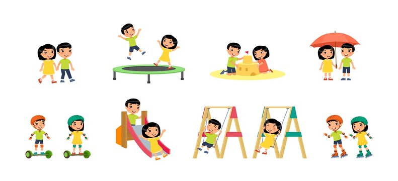 Little asian boy and girl plays in the playground. Concept of summer entertainment and friendship. Children play different summer games.  Sport and recreation. Cartoon characters