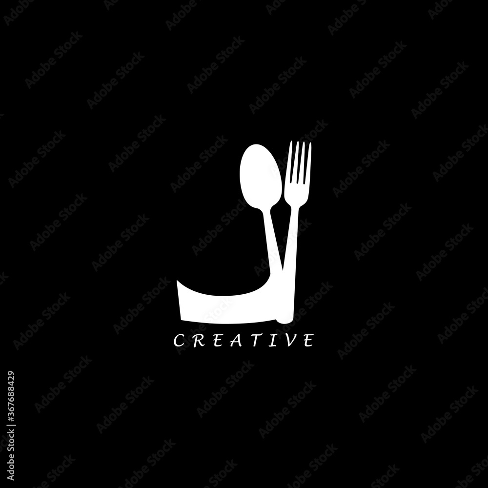 Wall mural combination fork and spoon flat j letter logo design