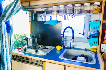 Caravan inside, kitchen area