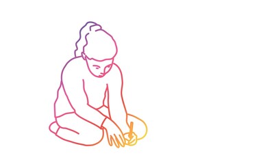 Young girl draws on the floor. Rainbow colours in linear vector illustration.