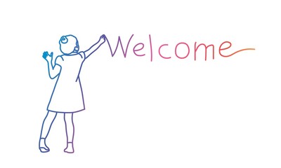 Girl writing on the wall "Welcome". Rainbow colours in linear vector illustration.