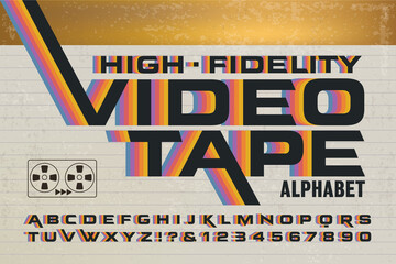 A Retro Alphabet with 1980s Style Rainbow Effects. High-Fidelity Videotape Packaging Font with Colorful Stripes on a Video Cassette Box. - obrazy, fototapety, plakaty