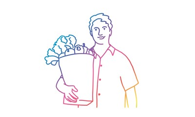 Happy man holding paper bag with organic fresh food. Rainbow colours in linear vector illustration.
