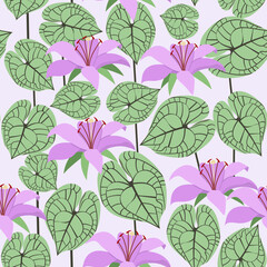 Fototapeta na wymiar Seamless vector illustration with gentle lily and beautiful tropical leaves.