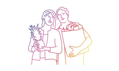 Couple holding paper bag with food. Rainbow colours in linear vector illustration.