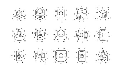 VR simulation, Panorama view, 360 degrees. Augmented reality line icons. Virtual reality gaming, augmented, full rotation arrows icons. Linear set. Geometric elements. Quality signs set. Vector
