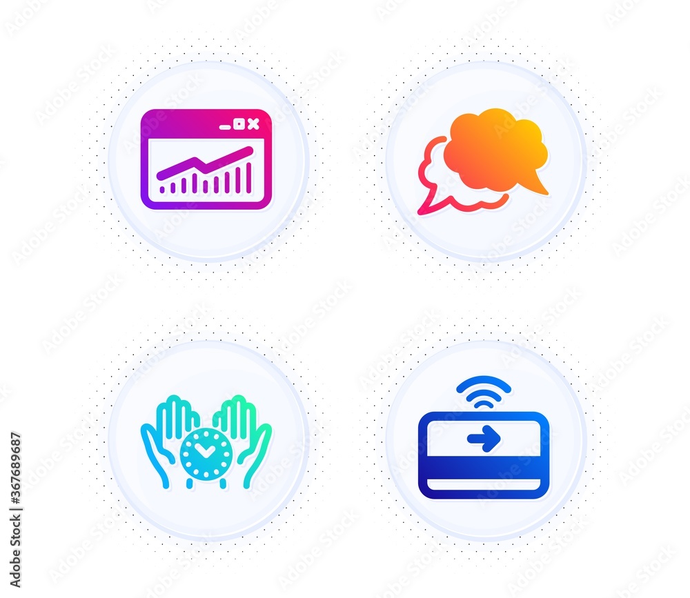 Poster chat message, website statistics and safe time icons simple set. button with halftone dots. contactl