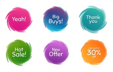 Swirl motion circles. Hot sale, 30% discount and new offer. Thank you phrase. Sale shopping text. Twisting bubbles with phrases. Spiral texting boxes. Big buys slogan. Vector