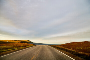 Fototapeta na wymiar Landscape with road in tundra in Norway at cloudy evening