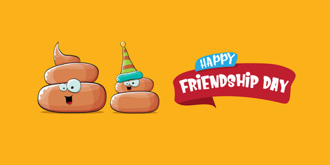 Happy friendship day horizontal banner or greeting card with vector funny cartoon poo friends characters isolated on abstract orange background. Best friends concept