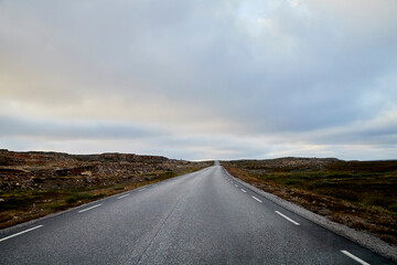 Landscape with road in tundra in Norway at cloudy evening