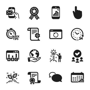 Set of Education icons, such as 24 hours, Recovery internet. Certificate, approved group, save planet. Hand click, Creative idea, Quick tips. Technical documentation, Calendar graph, Messenger. Vector