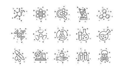 Chemical formula, Microscope and Medical analysis. Chemistry lab line icons. Laboratory test flask, reaction tube, chemistry lab icons. Linear set. Geometric elements. Quality signs set. Vector