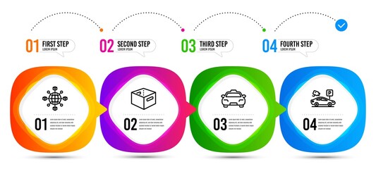 Parking security, Taxi and Office box line icons set. Timeline steps. Logistics network sign. Video camera, Passengers transport, Delivery box. International tracking. Transportation set. Vector
