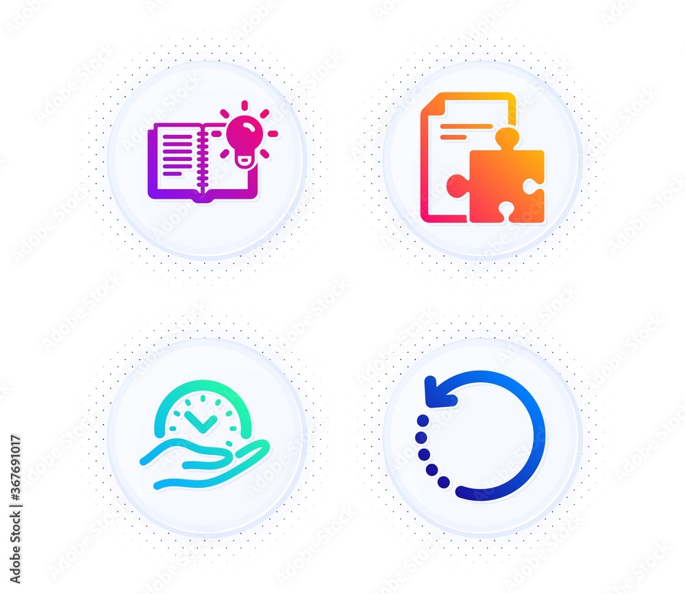 Poster strategy, product knowledge and safe time icons simple set. button with halftone dots. recovery data