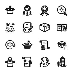 Set of Industrial icons, such as Return package, Packing boxes. Certificate, approved group, save planet. Engineering documentation, Manual doc, Hold box. Vector