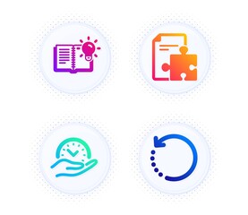 Strategy, Product knowledge and Safe time icons simple set. Button with halftone dots. Recovery data sign. Puzzle, Education process, Management. Backup info. Education set. Vector