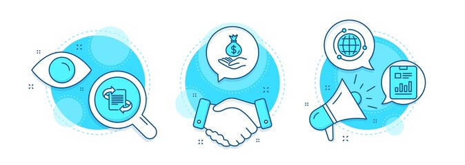 Marketing, Globe and Income money line icons set. Handshake deal, research and promotion complex icons. Report document sign. Article, Internet world, Savings. Page with charts. Education set. Vector