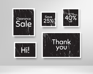 Clearance sale, 40% discount and save 25%. Black photo frames with scratches. Thank you phrase. Sale shopping text. Grunge photo frames. Images on wall, retro memory album. Vector