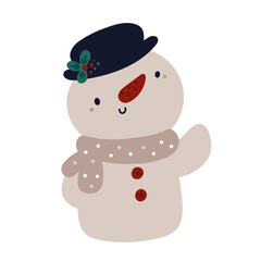 Cute snowman in hat isolated on a white background. Cartoon character on a festive theme for the new year or Christmas.  Childish vector Illustration for happy new year celebration
