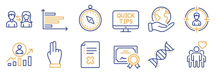 Set of Business icons, such as Friendship, Travel compass. Certificate, save planet. Horizontal chart, People communication, Reject file. Headhunting, Web tutorials, Chemistry dna. Vector
